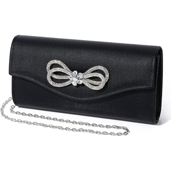 Women Black Evening  Shiny Crystal Bow Flap Clutch Wedding Party Prom Purse - Picture 1 of 9